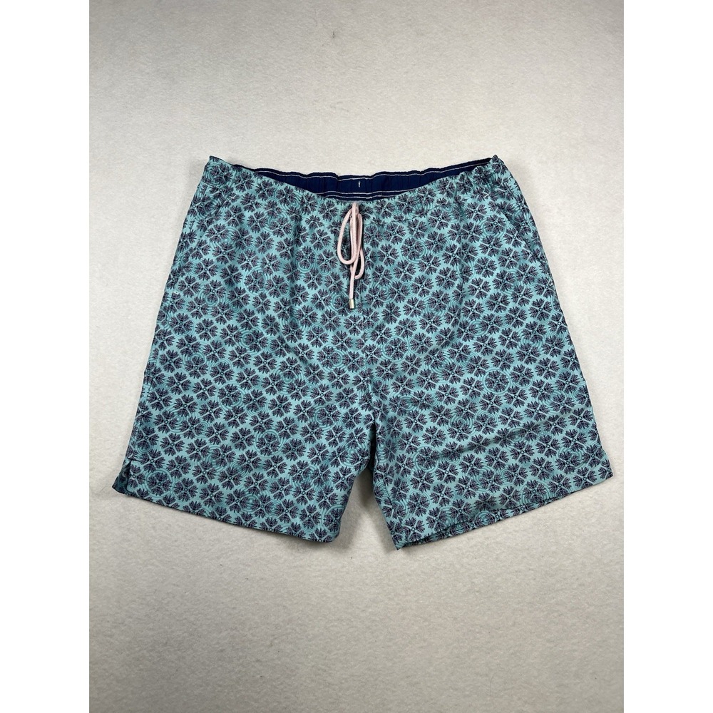 Peter Millar Seaside Mens Blue Pattern Swim Trunks Board Shorts Mesh Liner Large